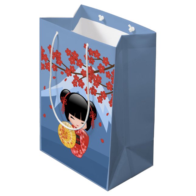 Red Sakura Kokeshi Doll - Cute Geisha Girl Blue Medium Gift Bag (Back Angled)
