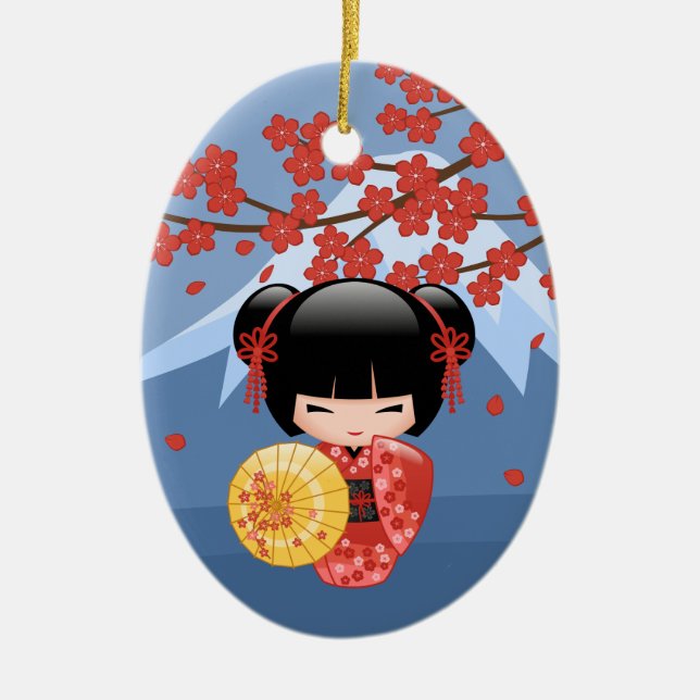 Red Sakura Kokeshi Doll - Cute Geisha Girl Ceramic Tree Decoration (Front)