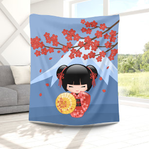 Red Sakura Kokeshi Doll - Cute Geisha Girl Fleece Blanket