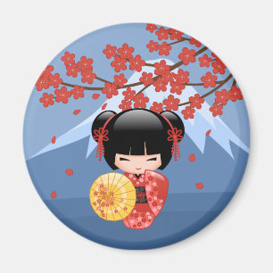 Red Sakura Kokeshi Doll - Cute Geisha Girl Magnet