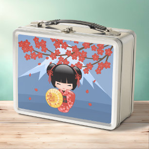 Red Sakura Kokeshi Doll - Cute Geisha Girl Metal Lunch Box