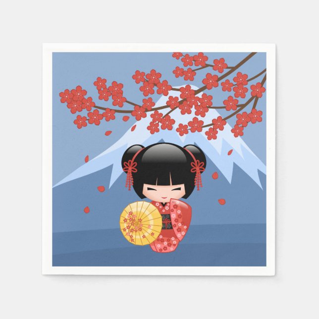 Red Sakura Kokeshi Doll - Cute Geisha Girl Napkin (Front)