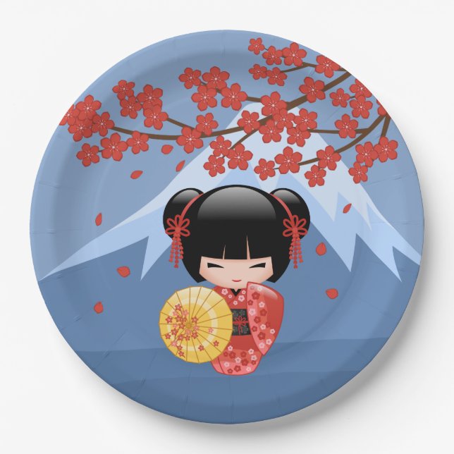 Red Sakura Kokeshi Doll - Cute Geisha Girl Paper Plate (Front)