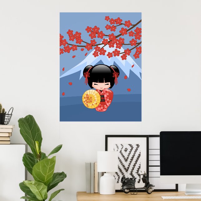 Red Sakura Kokeshi Doll - Cute Geisha Girl Poster (Home Office)