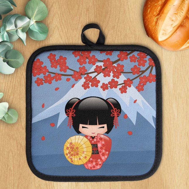 Red Sakura Kokeshi Doll - Cute Geisha Girl Pot Holder (Creator Uploaded)