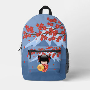 Red Sakura Kokeshi Doll - Cute Geisha Girl Printed Backpack