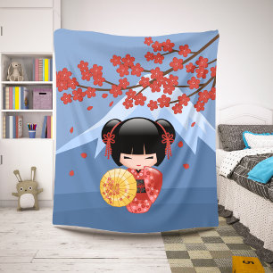 Red Sakura Kokeshi Doll - Cute Geisha Girl Sherpa Blanket