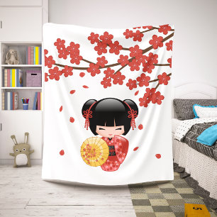 Red Sakura Kokeshi Doll - Cute Geisha Girl Sherpa Blanket