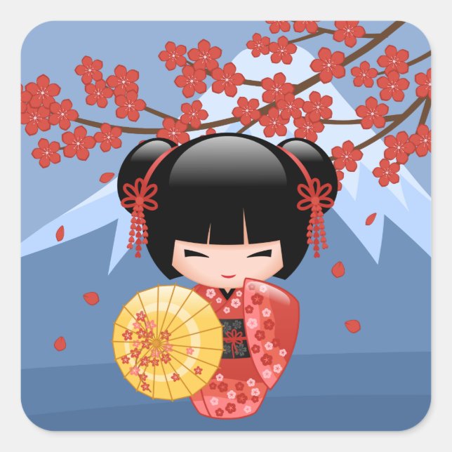Red Sakura Kokeshi Doll - Cute Geisha Girl Square Sticker (Front)
