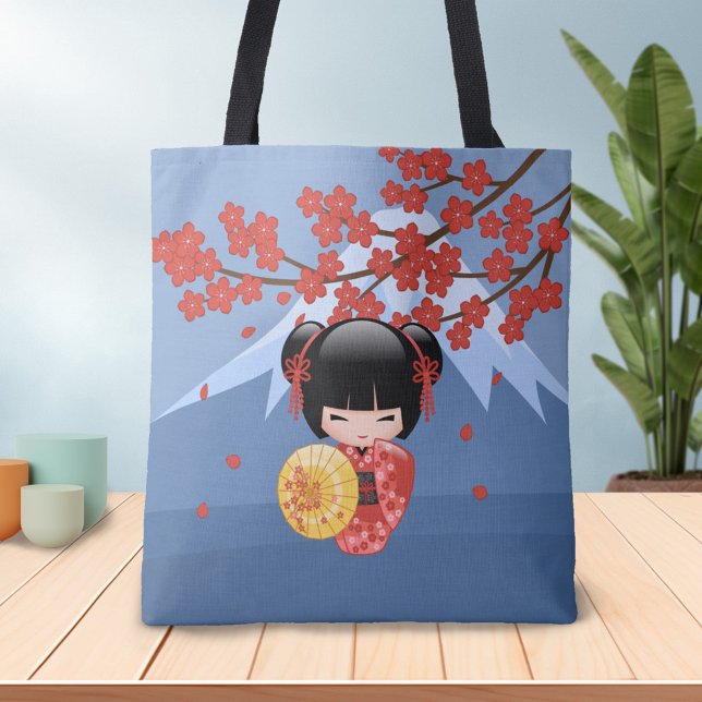 Red Sakura Kokeshi Doll - Cute Geisha Girl Tote Bag (Creator Uploaded)