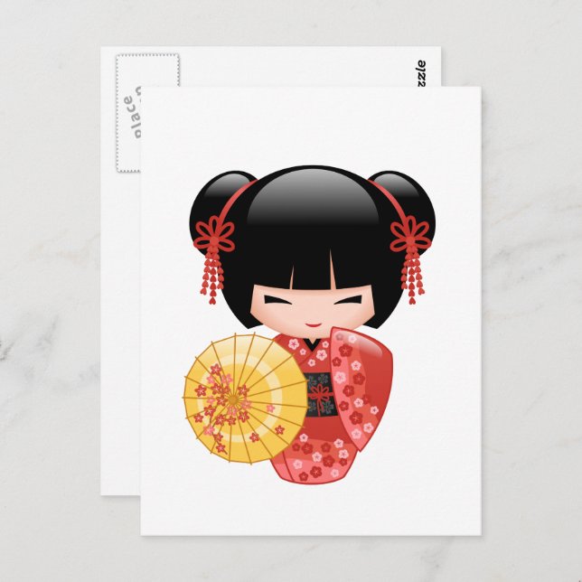 Red Sakura Kokeshi Doll - Cute Geisha Postcard (Front/Back)