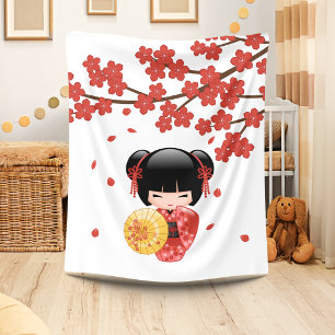 Red Sakura Kokeshi Doll - Cute Japanese Geisha Fleece Blanket