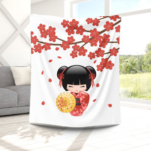 Red Sakura Kokeshi Doll - Cute Japanese Geisha Fleece Blanket