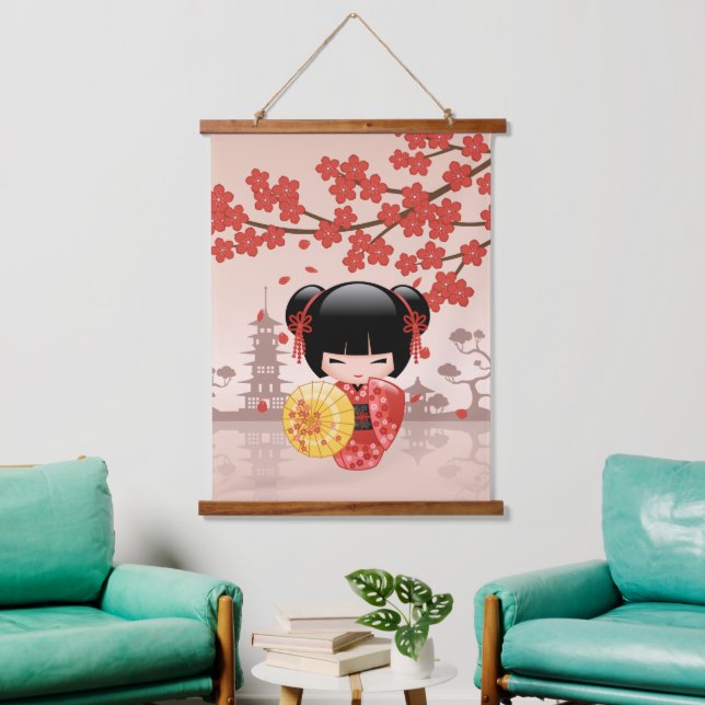 Red Sakura Kokeshi Doll - Cute Japanese Geisha Hanging Tapestry (Living Room)