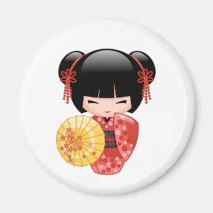 Red Sakura Kokeshi Doll - Cute Japanese Geisha Magnet