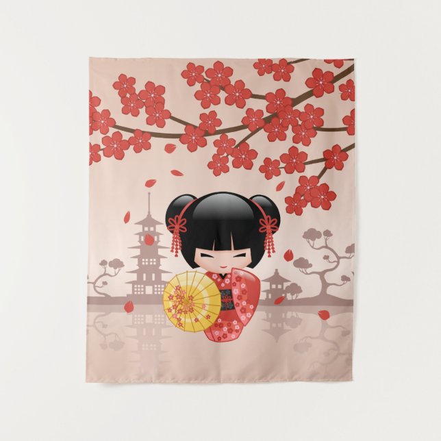 Red Sakura Kokeshi Doll - Cute Japanese Geisha Tapestry (Front)