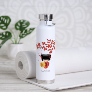 Red Sakura Kokeshi Doll - Cute Japanese Geisha Water Bottle