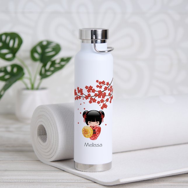 Red Sakura Kokeshi Doll - Cute Japanese Geisha Water Bottle (Yoga (Rotated))