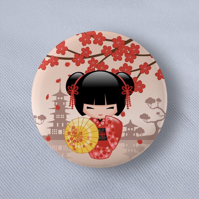 Red Sakura Kokeshi Doll - Japanese Geisha 6 Cm Round Badge (Creator Uploaded)