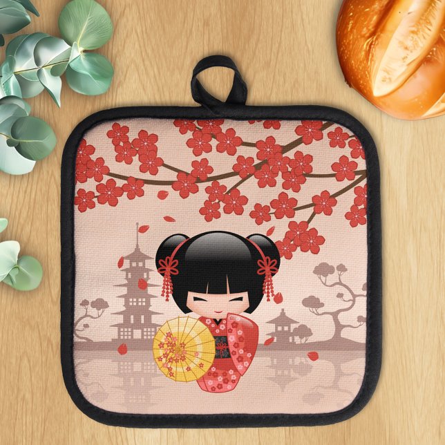 Red Sakura Kokeshi Doll Japanese Geisha Beige Pot Holder (Creator Uploaded)