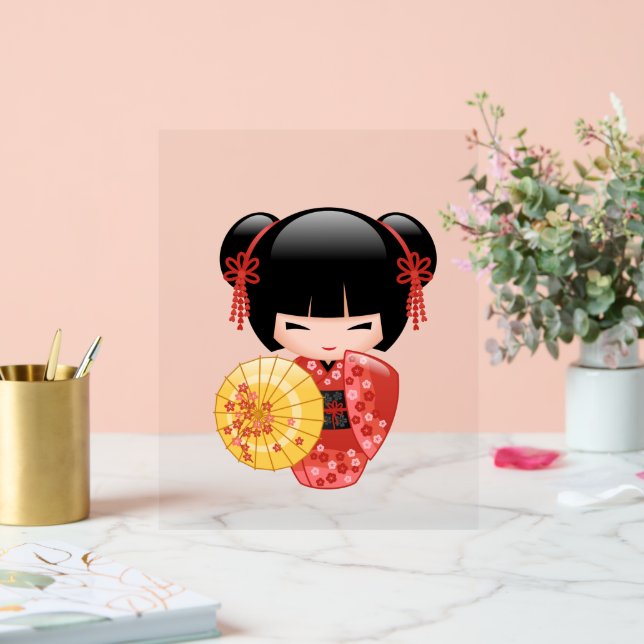 Red Sakura Kokeshi Doll - Japanese Geisha Girl Acrylic Sign (Wedding)