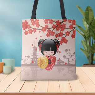 Red Sakura Kokeshi Doll - Japanese Geisha Girl Tote Bag