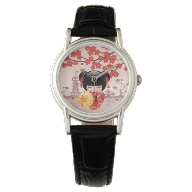 Red Sakura Kokeshi Doll - Japanese Geisha Girl Watch (Front)