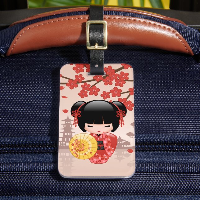 Red Sakura Kokeshi Doll - Japanese Geisha Luggage Tag (Front Insitu 2)