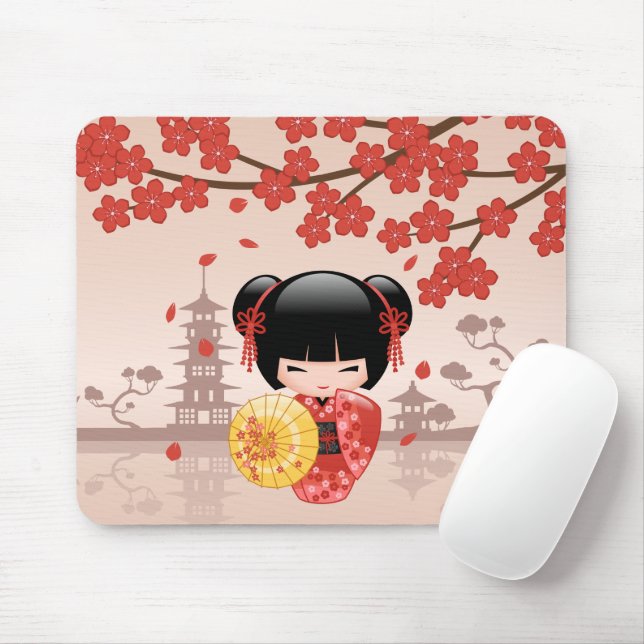 Red Sakura Kokeshi Doll - Japanese Geisha Mouse Pad (With Mouse)