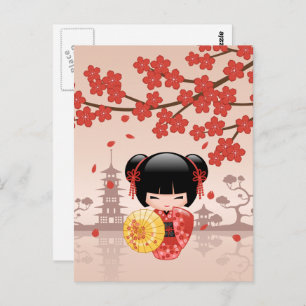 Red Sakura Kokeshi Doll - Japanese Geisha Postcard