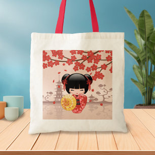 Red Sakura Kokeshi Doll - Japanese Geisha Tote Bag