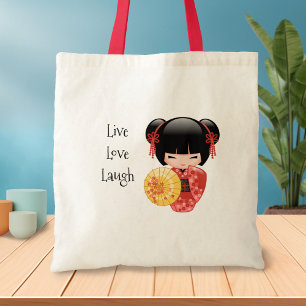 Red Sakura Kokeshi Doll - Japanese Geisha Tote Bag
