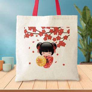 Red Sakura Kokeshi Doll - Japanese Geisha Tote Bag