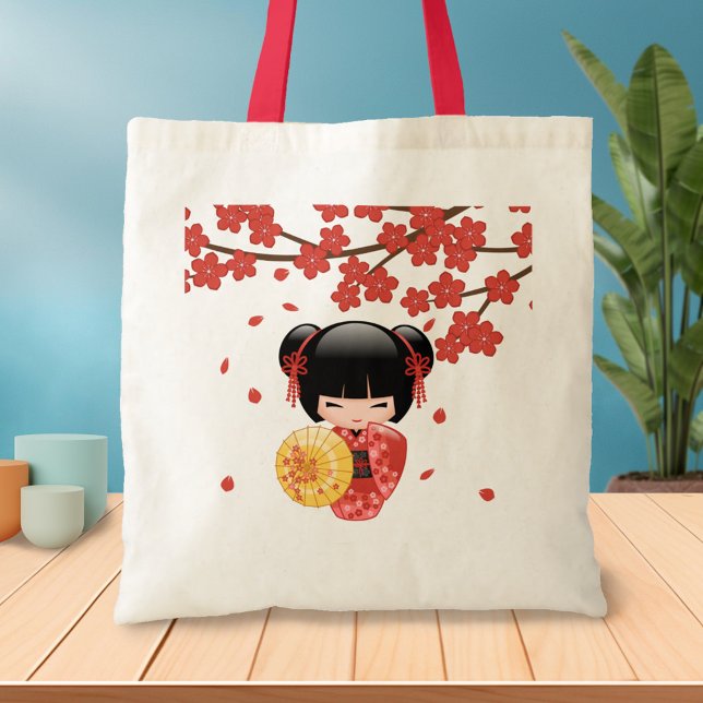 Red Sakura Kokeshi Doll - Japanese Geisha Tote Bag (Creator Uploaded)