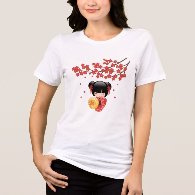 Red Sakura Kokeshi Doll - Japanese Geisha Tri-Blend Shirt (Front)