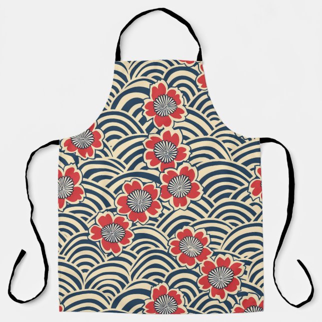 Red Sakura Navy Wave Cream Japanese Pattern Apron (Front)