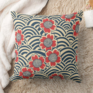 Red Sakura Navy Wave Cream Japanese Pattern Cushion