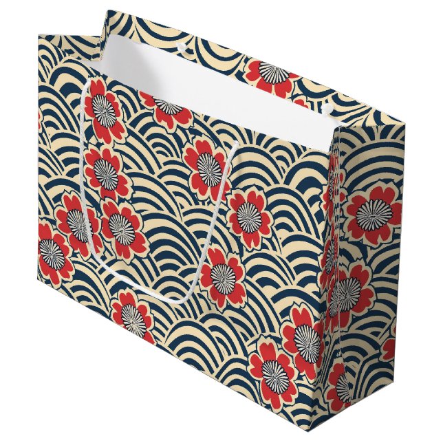 Red Sakura Navy Wave Cream Japanese Pattern Large Gift Bag (Front Angled)