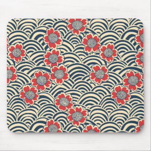 Red Sakura Navy Wave Cream Japanese Pattern Mouse Pad