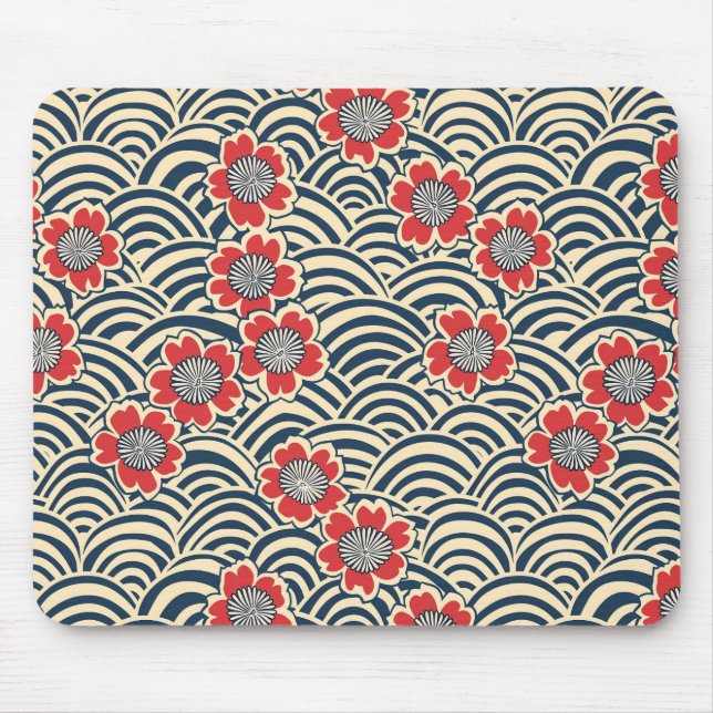 Red Sakura Navy Wave Cream Japanese Pattern Mouse Pad (Front)
