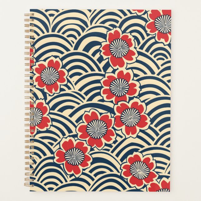 Red Sakura Navy Wave Cream Japanese Pattern Planner (Front)