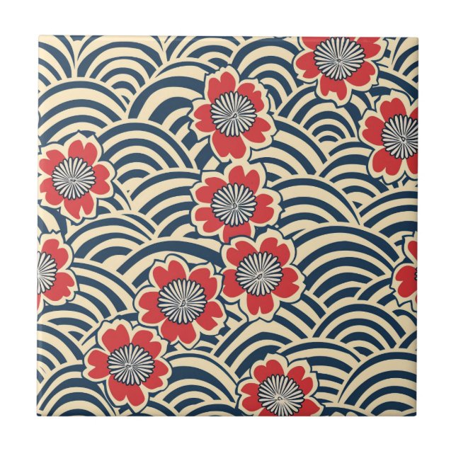 Red Sakura Navy Wave Cream Japanese Pattern Tile (Front)