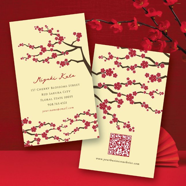 Red Sakura Oriental  Cherry Blossoms Business Card (Red Sakura Spring Flowers Oriental Chic Asian Cherry Blossoms Business Card @ fatfatin)
