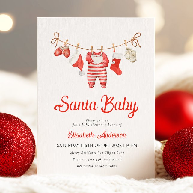 Red Santa Baby Baby Shower Invitation (Creator Uploaded)