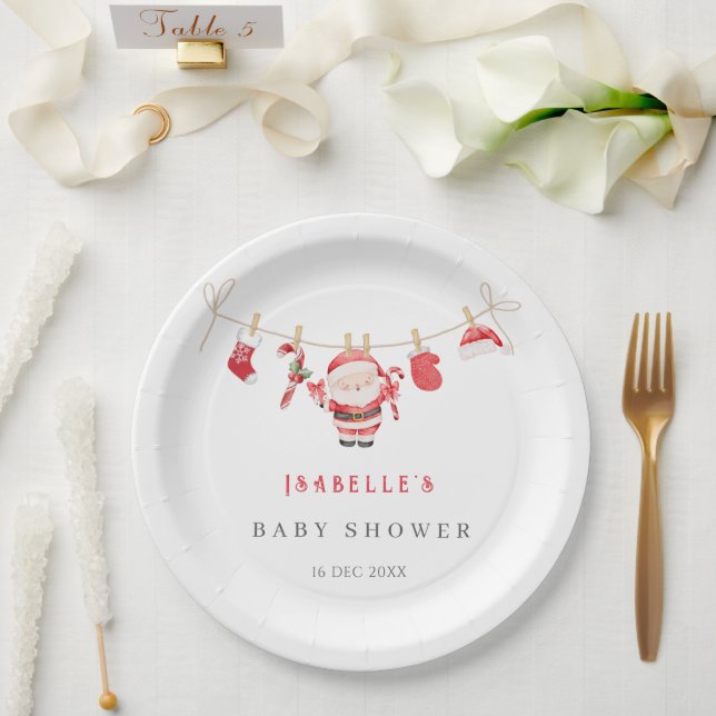 Red Santa Baby Baby Shower Paper Plate (Wedding)