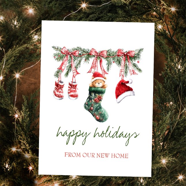 Red Santa Baby Bear Christmas Clothesline Announcement Postcard (Creator Uploaded)