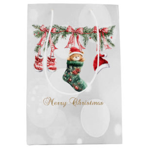 Red Santa Baby Bear Christmas Clothesline Bokeh    Medium Gift Bag