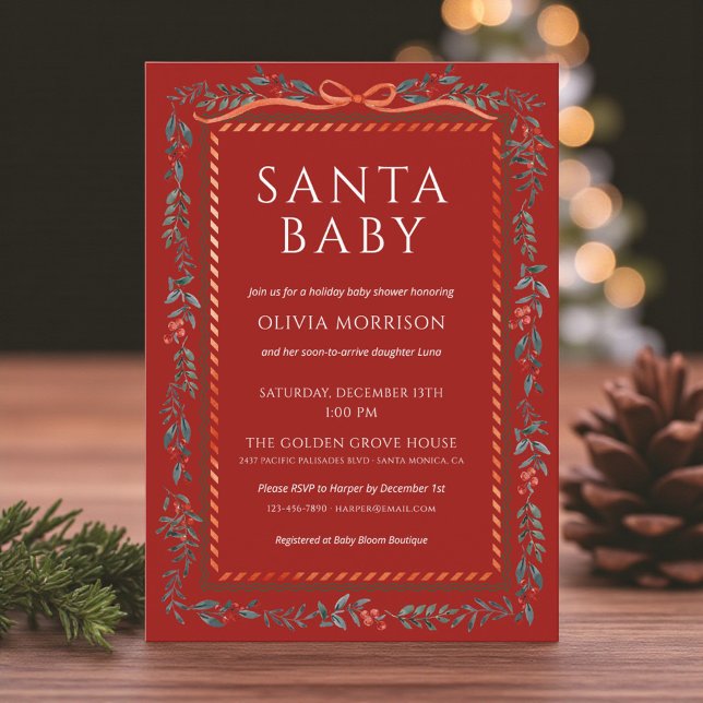 Red Santa Baby Bow Christmas Baby Shower Invitation (Creator Uploaded)