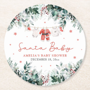 Red Santa Baby Christmas Baby Clothes Baby Shower Round Paper Coaster