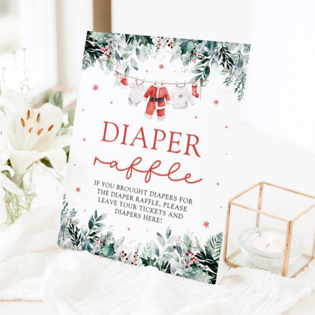 Red Santa Baby Christmas Baby Shower Diaper Raffle Pedestal Sign (Watercolor Red Santa Baby Christmas Baby Shower Diaper Raffle Pedestal Sign)